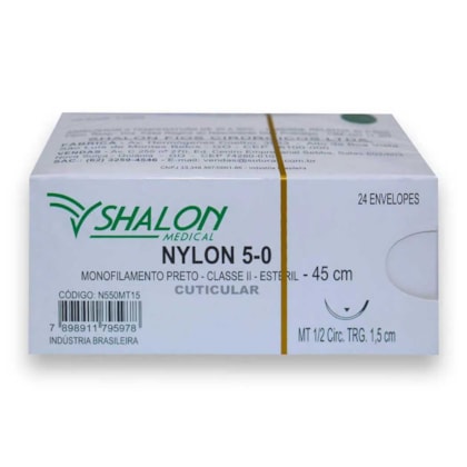 Fio de Sutura Nylon Preta Trançada 45cm 1/2 CT. TRG. 1.5 cm - Shalon