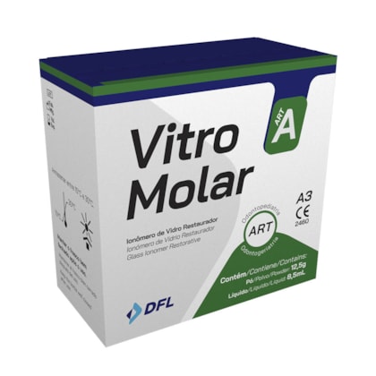 Ionômero de Vidro para Restauração Vitro Molar A3 - 12,5g/8,5g - DFL Ionômero de Vidro para Restauração Vitro Molar A3 - 12,5g/8,5g - DFL