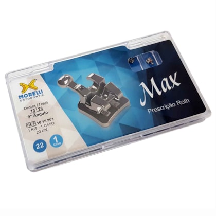 Kit de Bráquetes 01 caso Roth Max .022" - Can. 9° Ang. - Gancho Can./Prés - 1015903 - Morelli Kit de Bráquetes 01 caso Roth Max .022" - Can. 9° Ang. - Gancho Can./Prés - 1015903 - Morelli