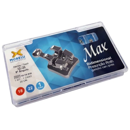 Kit de Bráquetes 01 caso Roth Max Bidimensional .018"/.022" - Can. 9° Ang. - Gancho Can - 1015930. - Morelli Kit de Bráquetes 01 caso Roth Max Bidimensional .018"/.022" - Can. 9° Ang. - Gancho Can - 1015930. - Morelli