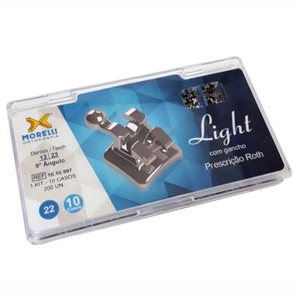 Kit de Bráquetes 10 casos Roth Light .022" - Can. Sup. 9° Ang. - Gancho Can./Prés - 1010997 - Morelli