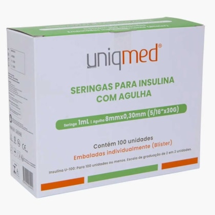 Seringa Insulina 1ML 8MMX0,30MM 30G CX.C/100 Uniqmed