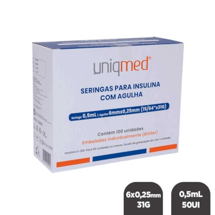 Seringa para Insulina 0,5ml 50UI com 1 und - Uniqmed